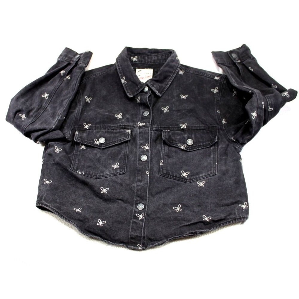 Stoosh Vintage Denim Black Button-Up Shirt With Embroidered Butterflies